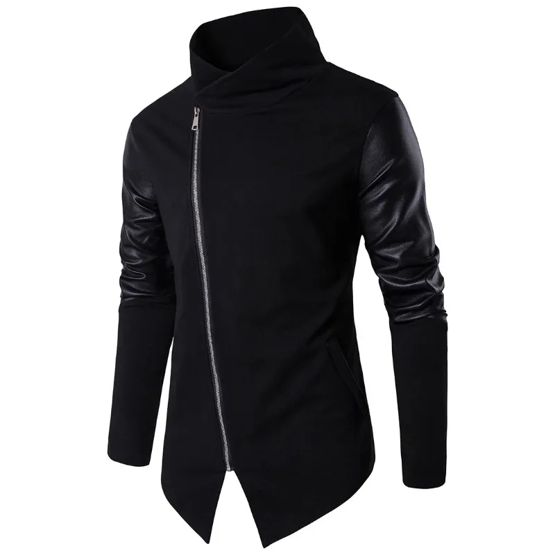 Fashion Leather Patchwork Turtleneck Jackets Overcoat Men Spring Autumn Punk Motor Coat Men Slim Plus EUR Size casual men jacket