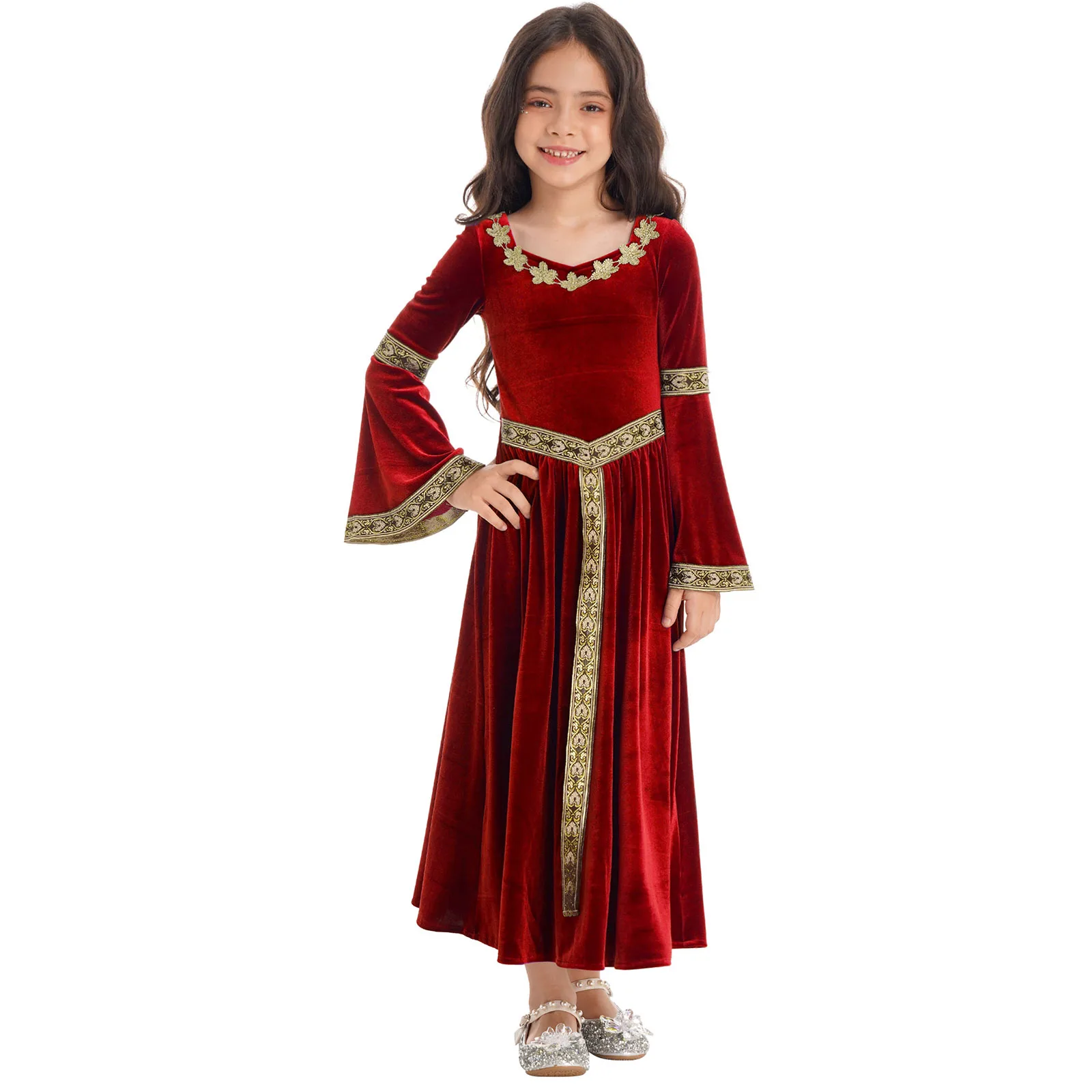 

Halloween Kids Girls Medieval Princess Dress Retro Velvet Flare Sleeve Dress Carnival Party Cosplay Performance Gown Costumes