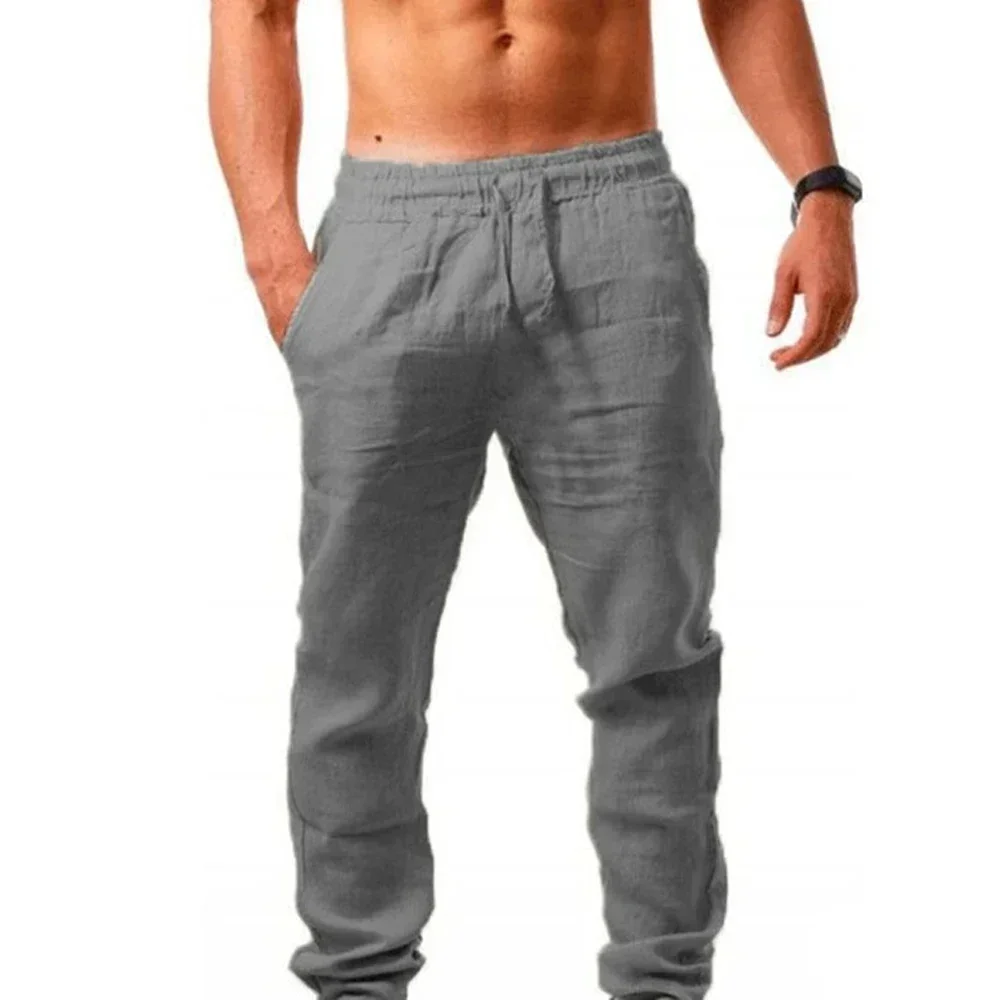 Men's Linen Pants Cotton Linen Long Pants Summer Casual Loose Drawstring Yoga Beach Trousers Breathable Elastic Waist Sweatpants 3