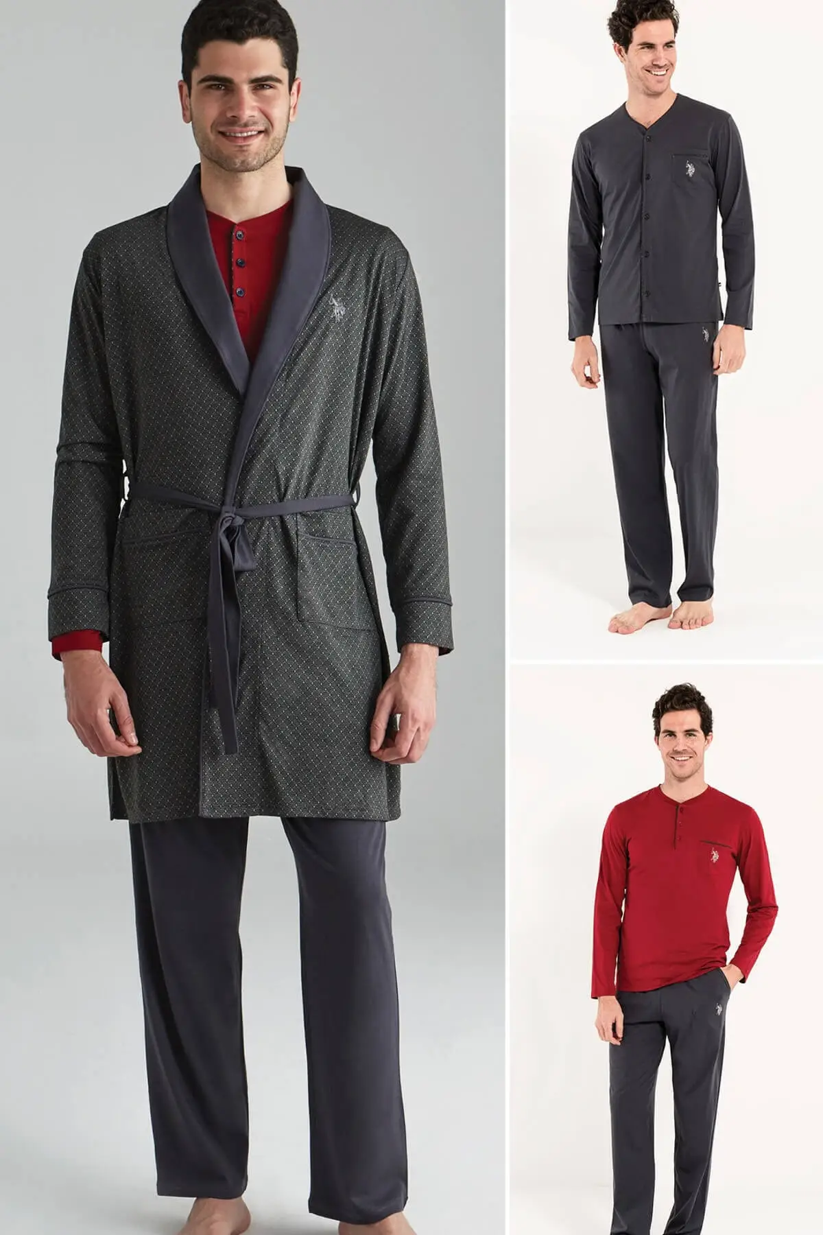 

Men's Anthracite 2 Long Sleeve Pajamas + 1 Dressing Gray Home Wear