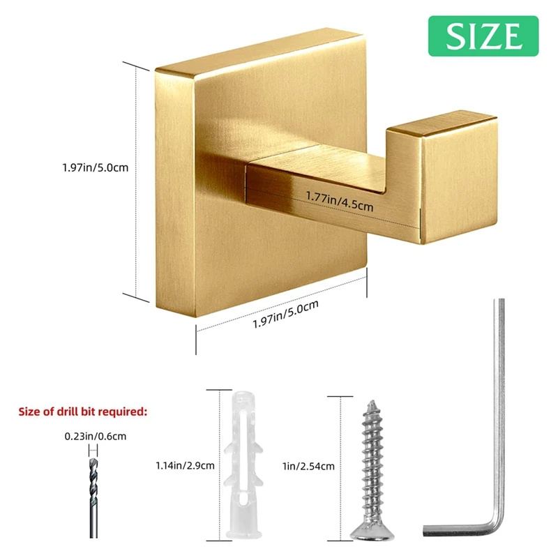 2 Piece Towel Hooks Robe Hook Coat Hook Gold Stainless Steel Heavy Duty Bathrooms Square Hooks Wall Mounted For Bathroom