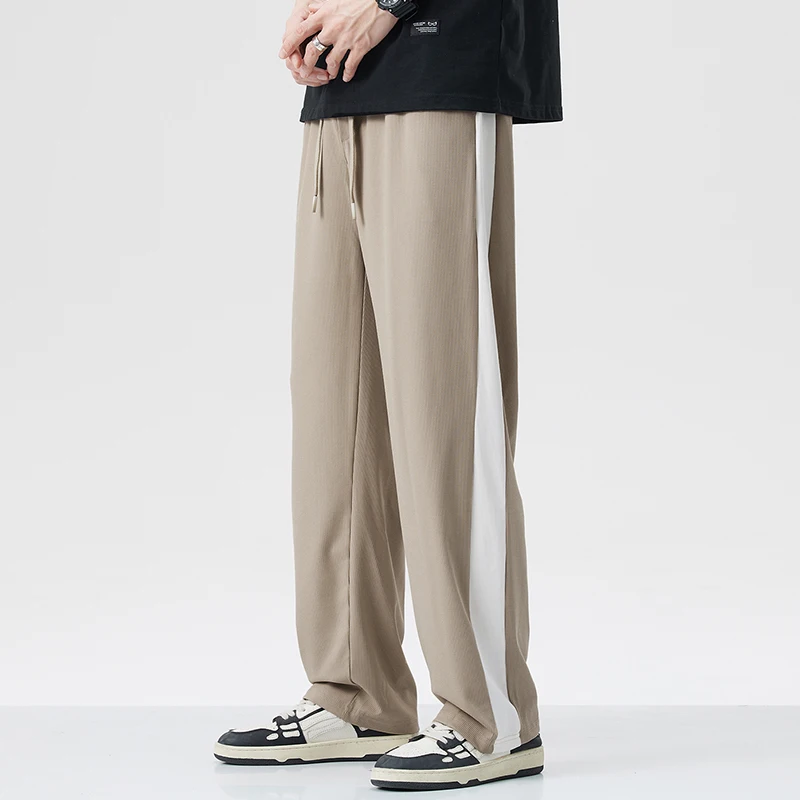 Ice Shreds Straight Trousers Summer New Men's Contrast Color Patchwork Elastic Sagging Drawstring Sensation Fashion Loose Pants
