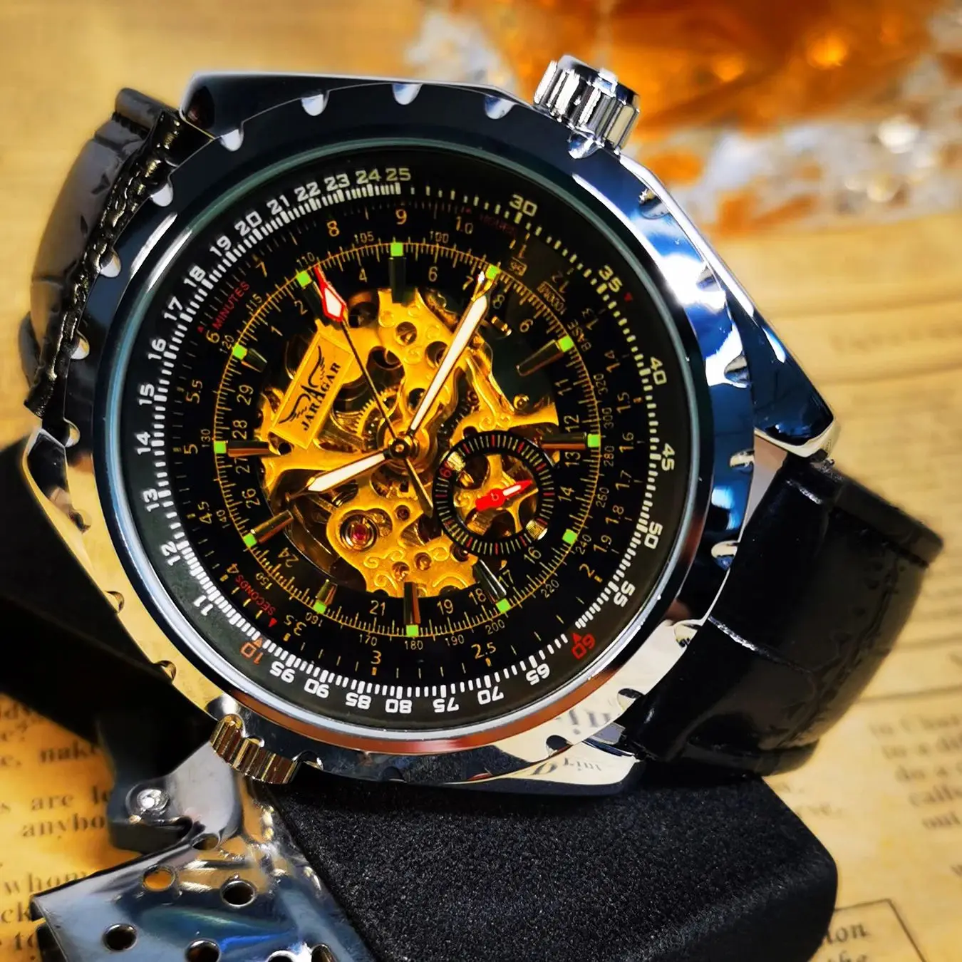Luxury JARAGAR Men's Skeleton Mechanical Watch with Luminous Hands and Leather-Steel Strap