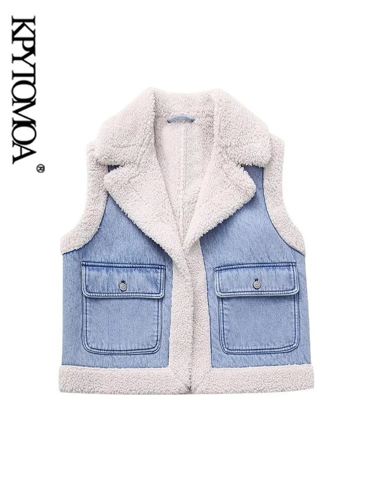 

KPYTOMOA Women Fashion Thick Warm Faux Shearling Waistcoat Vintage Sleeveless Front Pockets Female Outerwear Chic Tops