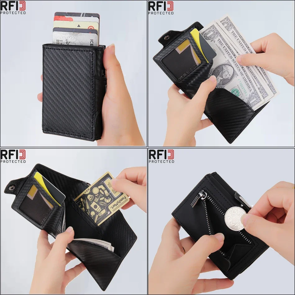 DIENQI Carbon Fiber Card Holder Wallets Men Brand Rfid Black Magic Trifold Leather Slim Mini Wallet Small Money Bag Male Purses 3