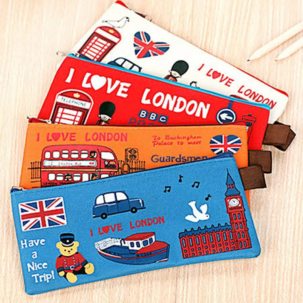 

London Style Cartoon Students Pencil Bag Kids Pencil Bag Stationery Organizer Girls Cosmetic Makeup Pouch Coin Purse Pen Case