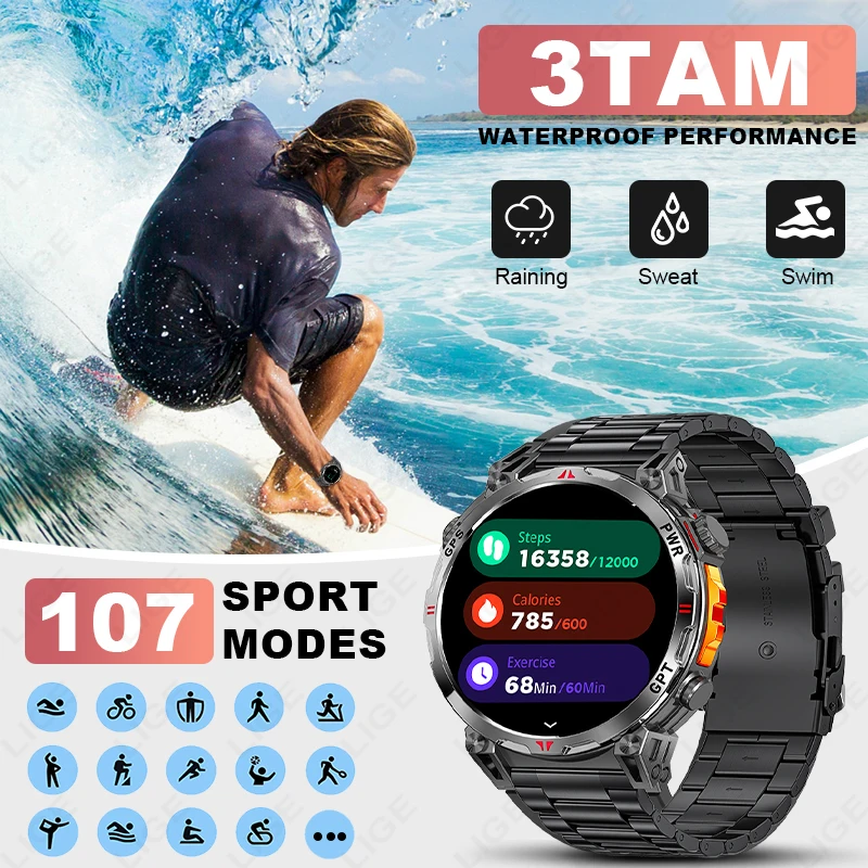 LIGE NEW 2025 GPS Smartwatch 1.39" HD Screen Compass Barometric Altimeter 530mAh Battery BT Voice Calling Smart Watch 107 Sports
