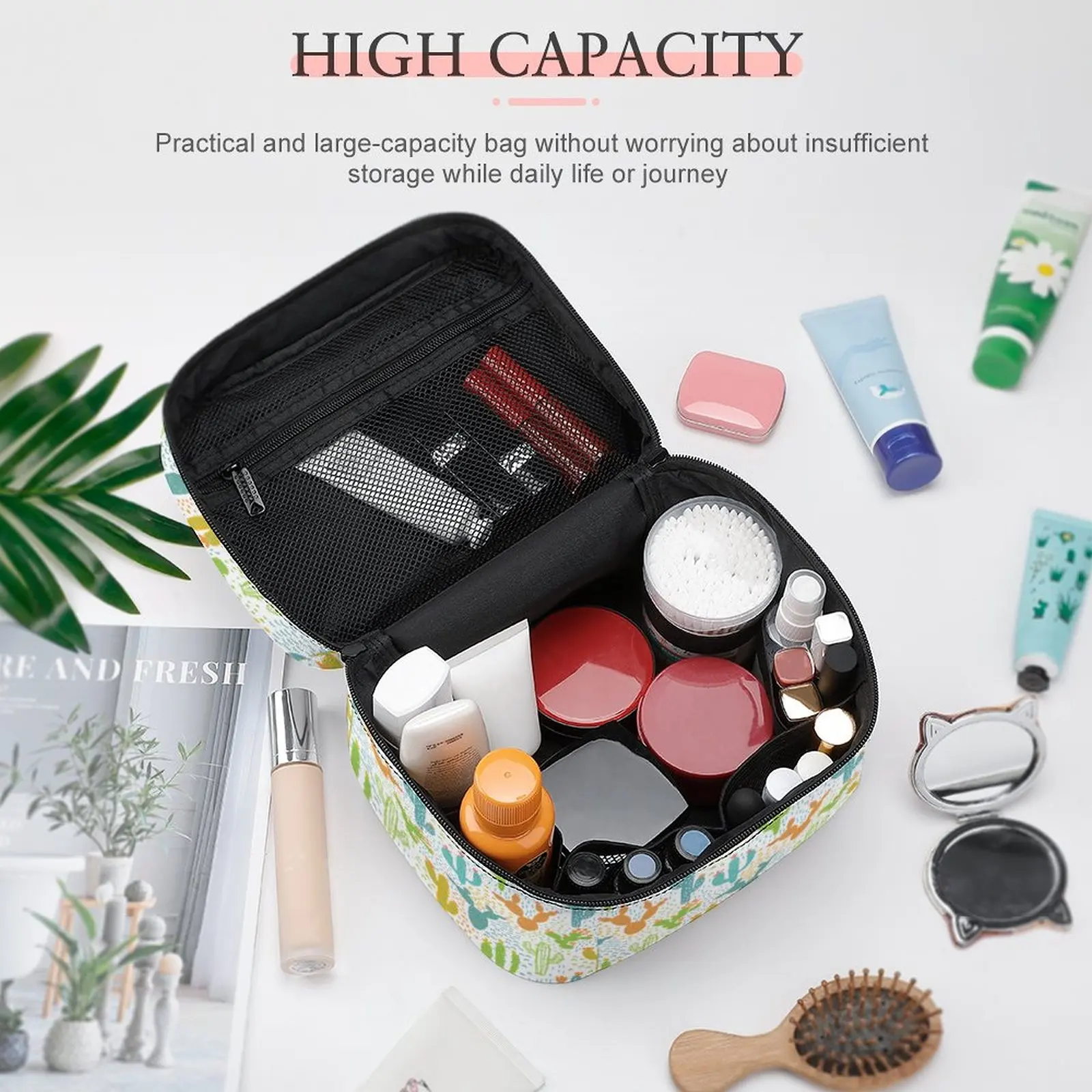 Customized Pattern Makeup BagPainted Cactus Printing Makeup Bag Women Multifunction Cosmetic Bag Toiletries Storage Wash Bag
