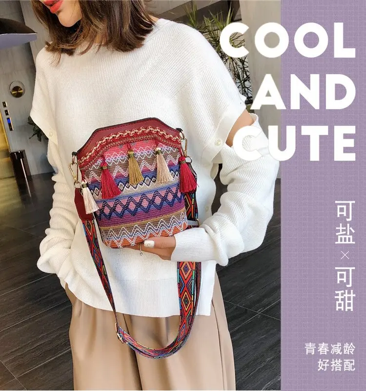 

Женская сумка-мешок Celela, популярный товар 2023, новая женская сумка на широком ремешке в этническом стиле, сумка через плечо, повседневная сумка-кошелек с кисточкой