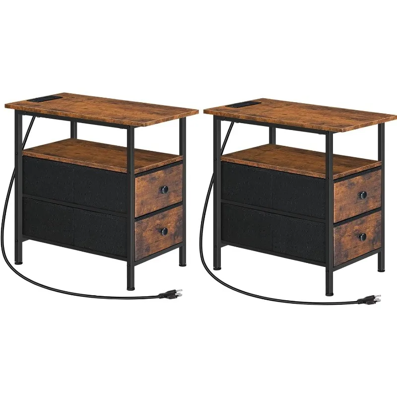 End Table with Charging Station, Set of 2 Narrow Side Tables, Nightstand with 2 Non-Woven Drawers, Slim Sofa Table