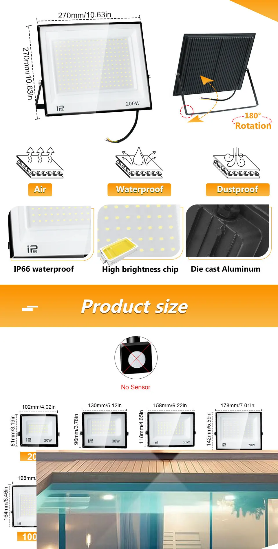 Description Picture 6 of itemLed Flood Light IP66 Waterproof 100W 200W Outdoor Floodlight Spotlight LED Reflector Street Lamp Wall Flood Lights