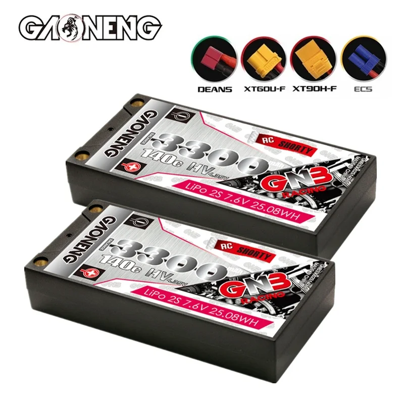 

GNB 3300Mah 2S 7.6V Hv Low Profile Hardcase Shorty Lipo Batterij 5.0Mm bullet Voor Racing Rc Auto Boot 140C/280C 7.6V Battery