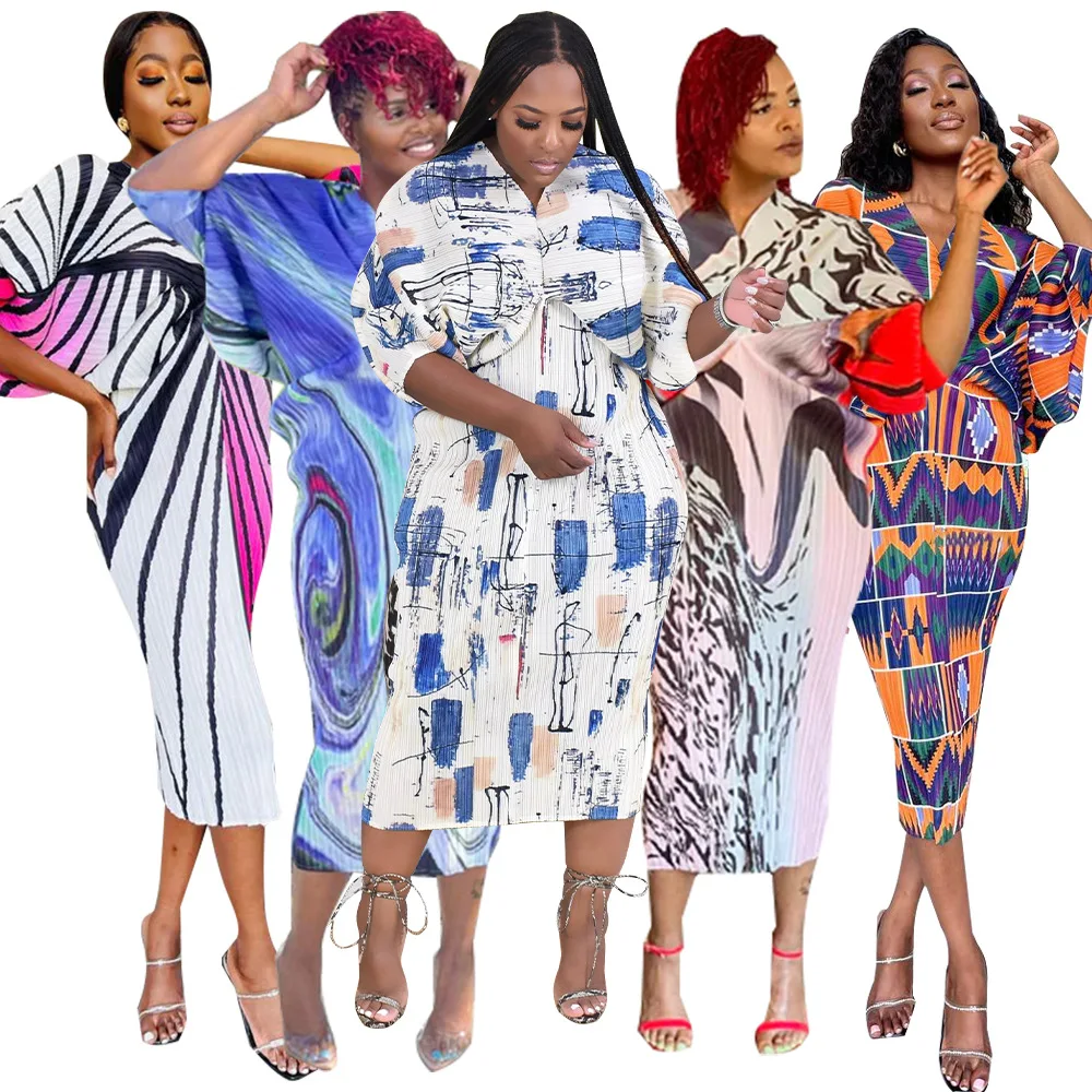 

African Print Dresses 2023 Summer Fashion African Women Batwing Sleeve V-neck Polyester Dress Dashiki African Dresses for Women