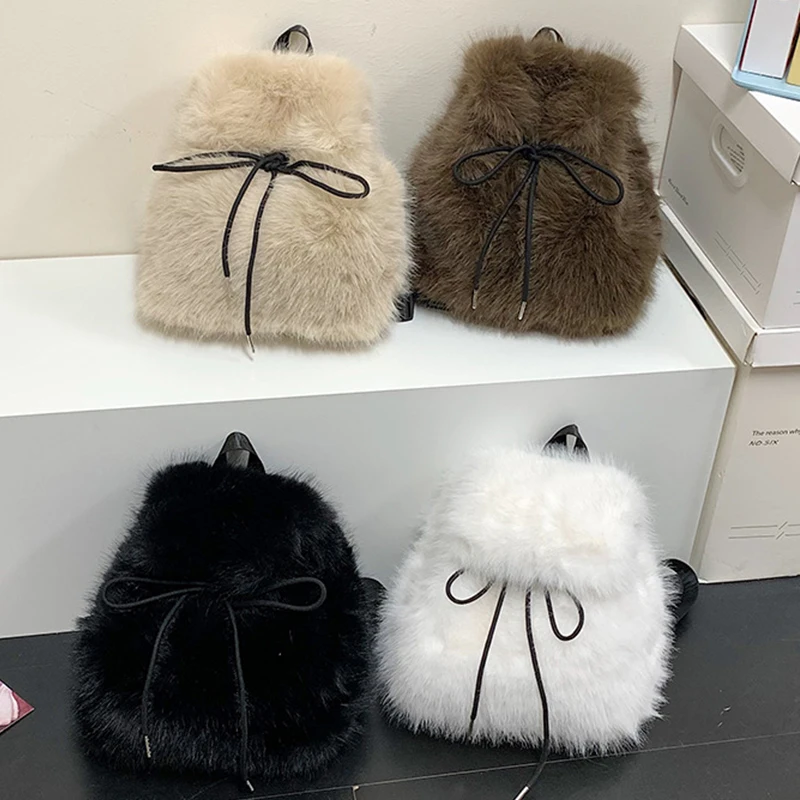 Winter Soft Plush Women's Backpack Solid Color Luxury Fake Fur Shoulder Handbag Fashionable Ladies Schoolbag for Females