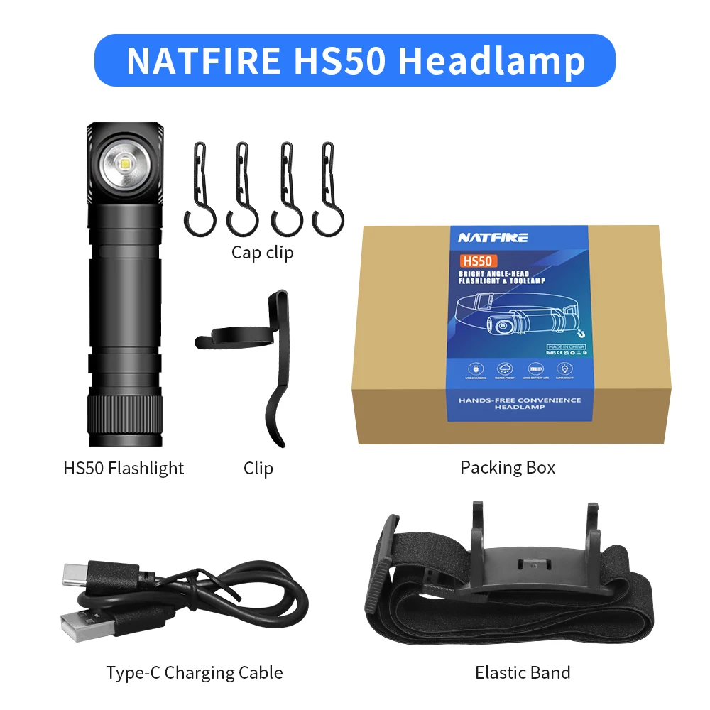 NATFIRE-工 HS50  USB C  Ʈ, 18650  LED ġ 1000lm  ׳ƽ  ۾ ķ Ʈ