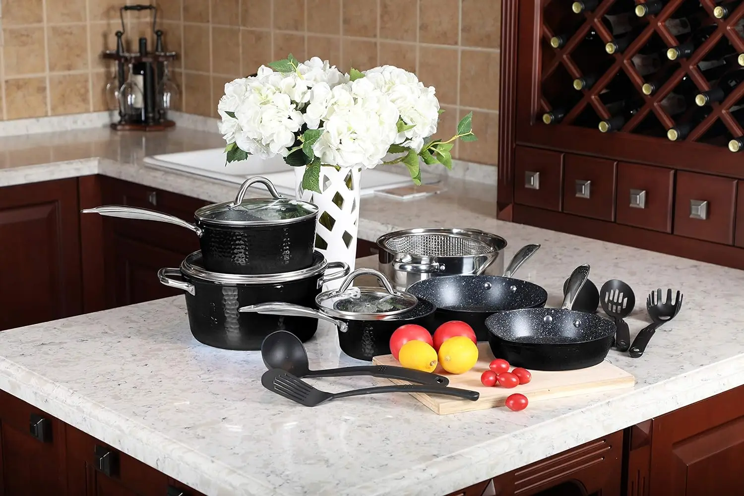 

Academy Premium Cookware - 15 Piece Interior Granite Pot Pan Set with Triple Coated Nonstick Aluminum Composition for Even Heati