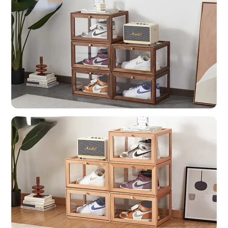 Solid Wood Shoe Box Shoes Transparent Storage No-install Cabinet Acrylic Shoe Wall Display Case Organizer and Storage