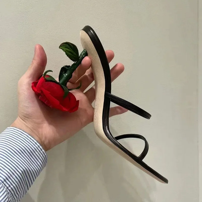 2023 Summer New Open Toe Rose Sandals Square Head High Heel Black Thin Strap Sandals Slippers Sexy Women's Fashion Slippers