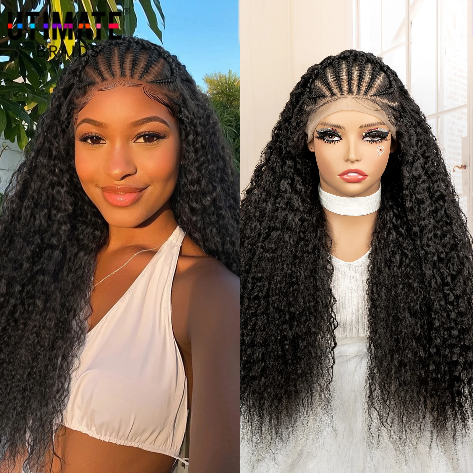 Synthetic Curly Hair Wigs for Black Women 26 Inches 13x6 Lace Frontal Afro Kinly Curly Hair Wigs with Cornrow Braids Daily Use