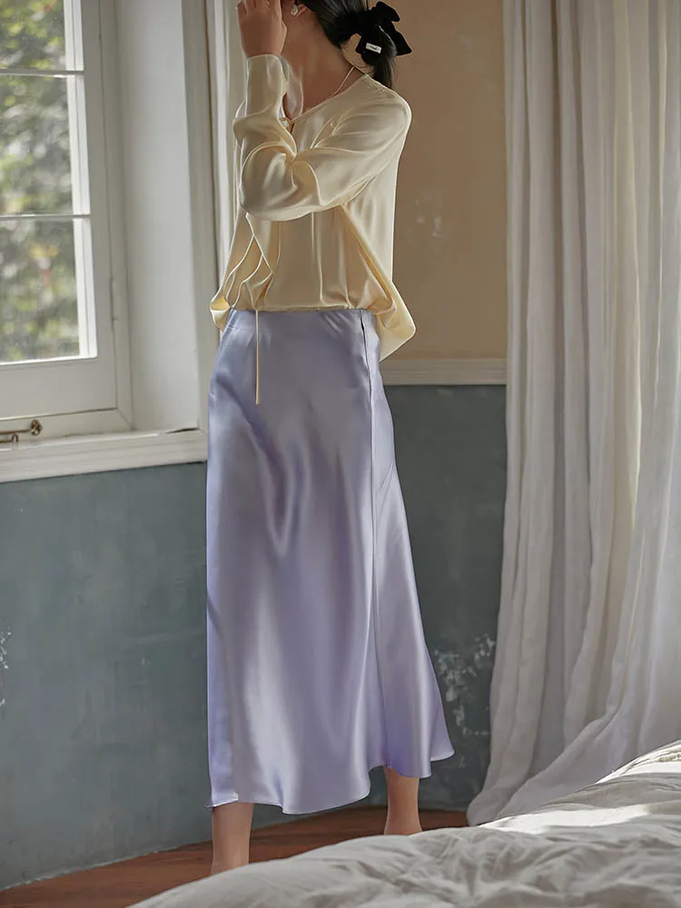 Elegant Women's Skirts Korean Fashion Satin Silk A-line Skirt Office Black Champagne Long Summer Skirts Woman Fashion 2023