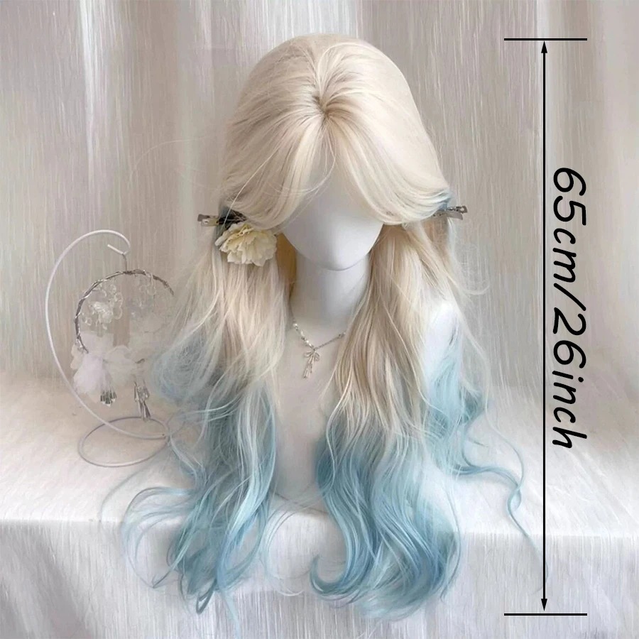Synthetic Women Lolita Wavy Curly platinum Blue Mint Color Long Curly Hair Wigs With Bangs Cosplay Hair Wig For Daily Party ﻿