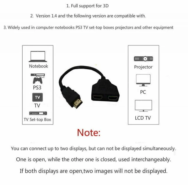 Cable Divisor HDMI 1080P HDMI Macho a Doble HDMI Hembra Cable Adaptador de  Divisor de 1 a 2 vías para TV HD, 1 HDMI Macho a 2 Cables divisores HDMI  Hembra Splitter