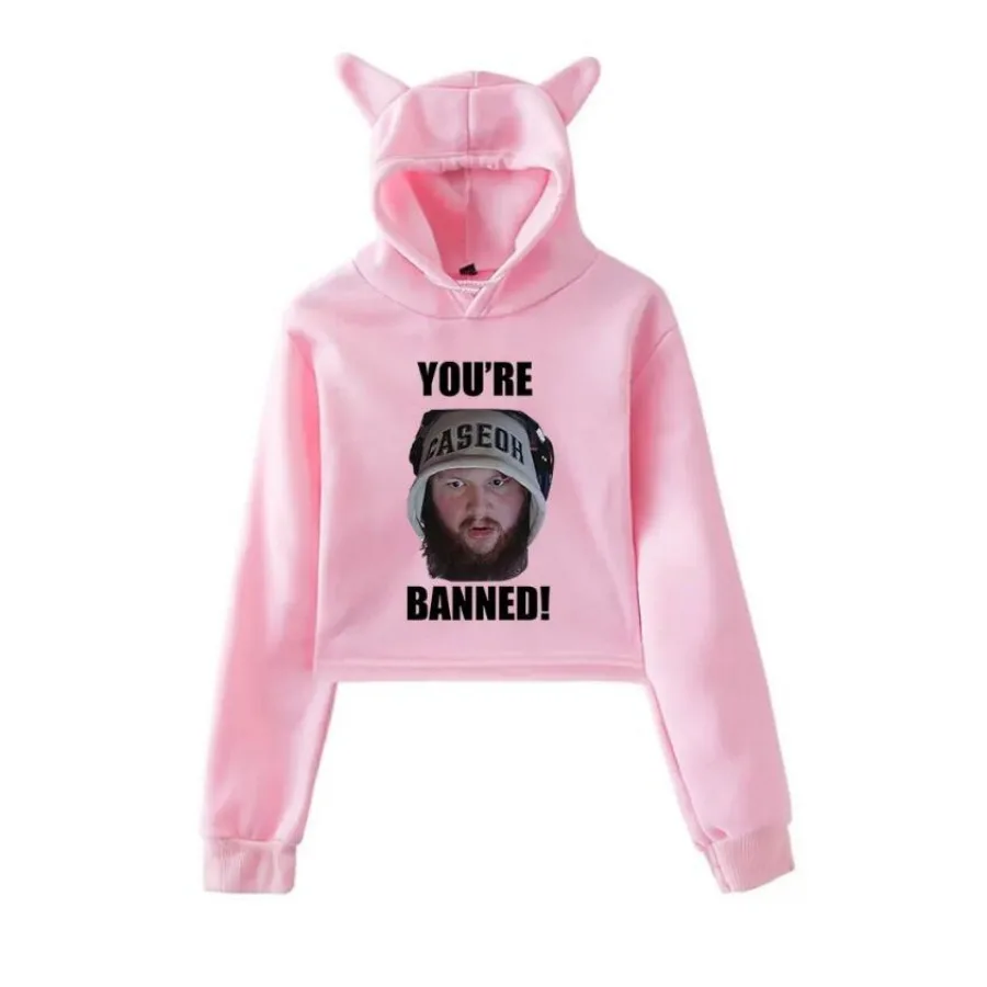 

Caseoh Your'Re Banned Crop Top Hoodie Women Y2K Streetwear Hip Hop Kawaii Cat Ear Harajuku Cropped Sweatshirt Sudaderas Mujer