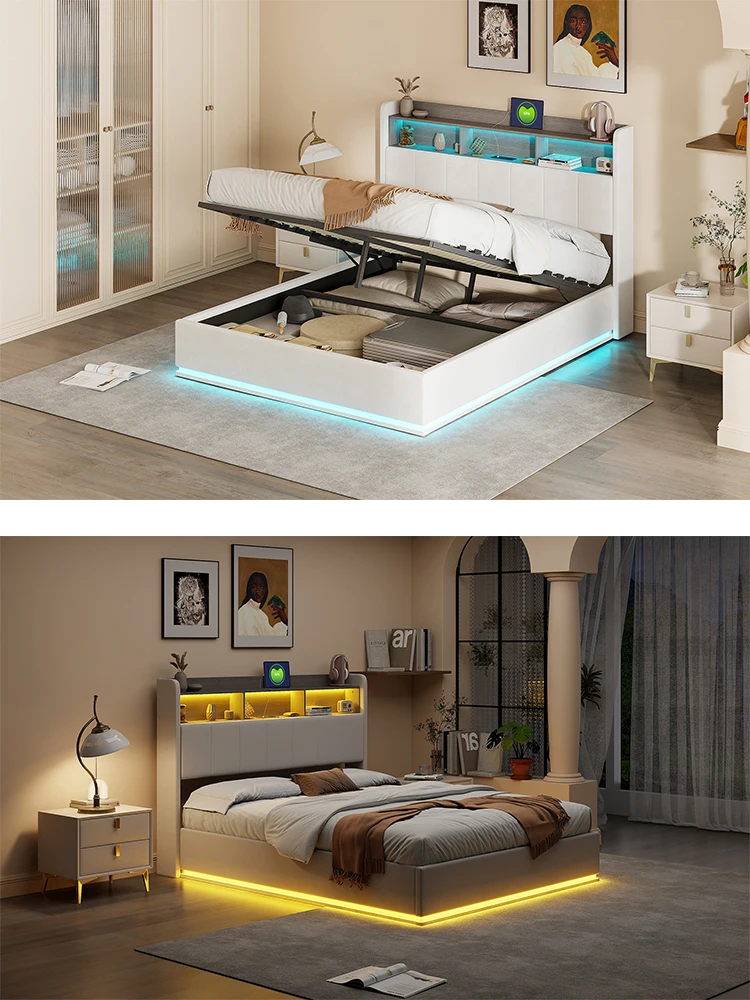 Creahappy – Weich gepolstertes Bett, Doppelbettgestell, 140 x 200 cm, Bett mit Stauraum und LED-Streifen – Weiß (Matratze nicht im Lieferumfang enthalten) – Detail 1