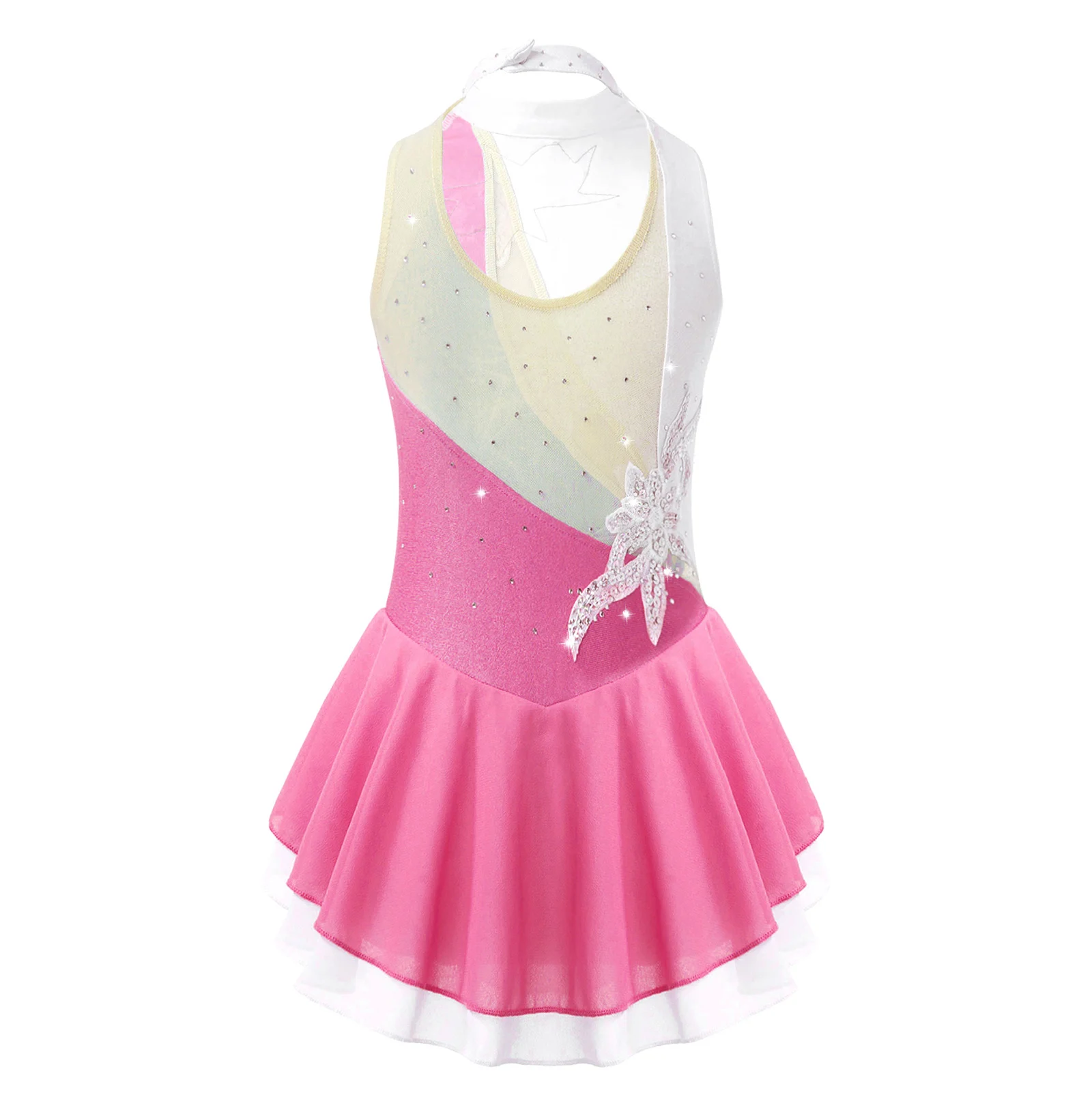 Kids Girls Sequin Figure Ice Skating Dress Rhinestone Floral Ballet Gymnastics Leotard Dancewear Competition Performance Clothes