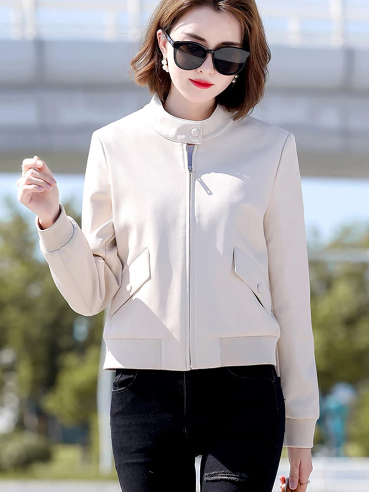 New Women Baseball Uniform Style Leather Jacket Spring Autumn Casual Stand Collar Sheepskin Jacket Short Split Leather Coat