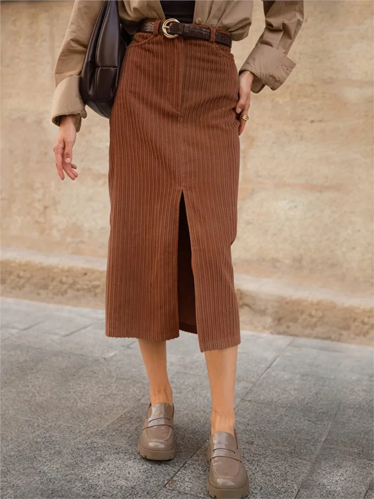 

Vintage Corduroy Slit Long Skirt Women Autumn Winter 2023 New Fashion Straight High Waist Retro Maxi Skirts Casual A Line Faldas