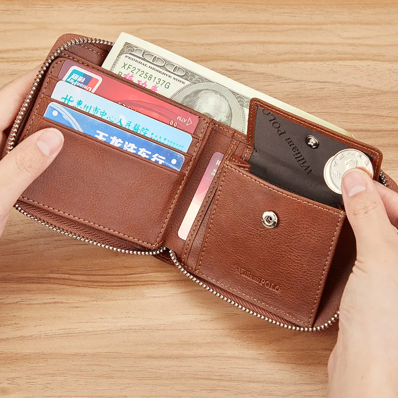 WILLIAMPOLO Genuine Leather Men's Wallet RFID Blocking Card Holder Organizer Wallet Men Business Vintage Zipper Male Purse 3