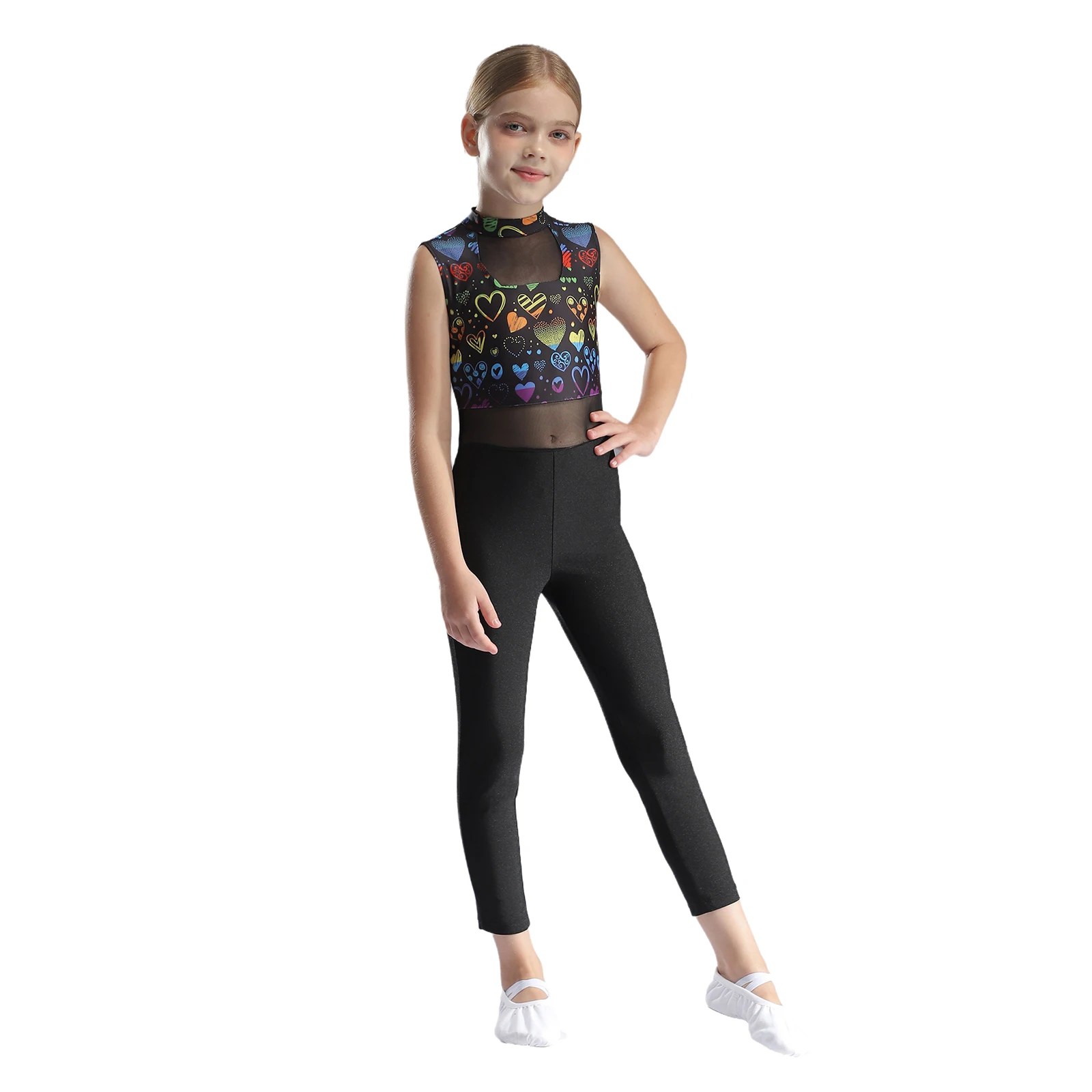 Kids Girls Sleeveless Rhythmic Gymnastics Leotard Athletic Jumpsuit Sheer Patchwork Dancewear Ballet Skating Gymnastic Unitards