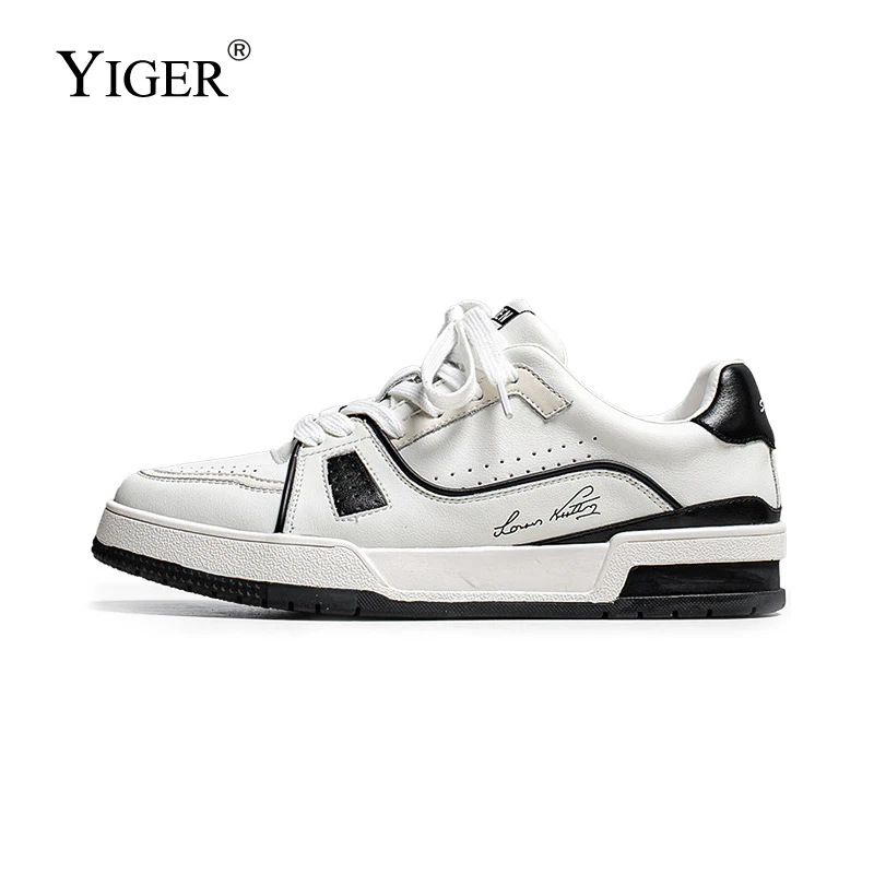 YIGER/спортивная обувь; Мужские модели; Сезон осень; Популярная обувь из воловьей кожи на низком каблуке; Белая обувь на толстой подошве; Спортивная обувь для мальчиков