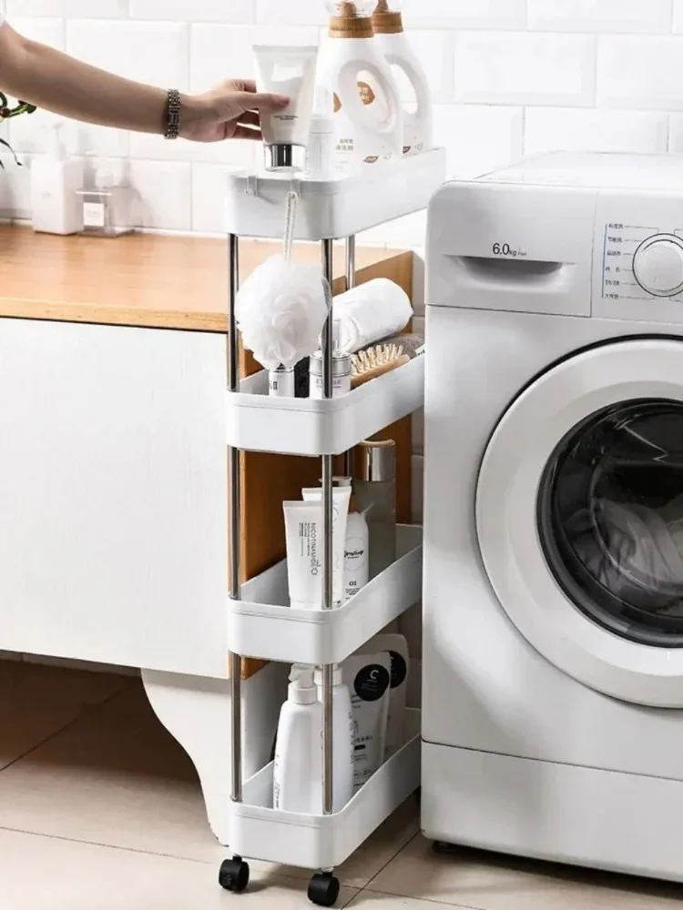 4 Tier Bathroom Shelf Movable Gap Trolley Slim Shampoo Rack with Wheels Shower Rolling Cart Bathroom Accessories No Drill Shelf 4