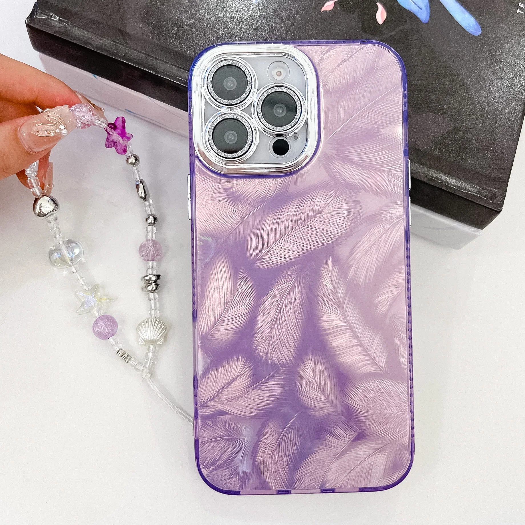 For Iphone 13 14 15 16 Pro Max Plus Samsung S23 S24 Plus Ultra Luxury Glitter Laser Feather Wrist Chain Phone Case Cover_voghion.com