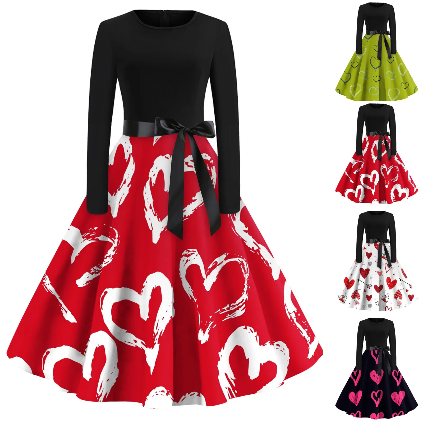 

Women's Valentine's Day Printed Flare Dresses Long Sleeve Party Casual Dresses Temperament Elegant Long Dress ropa de mujer