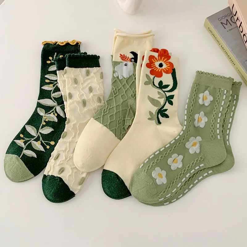 5 Pairs of Women's Forest Plants Flowers Spring and Autumn Fashion Retro College Style Cute and Interesting Mid Tube Socks