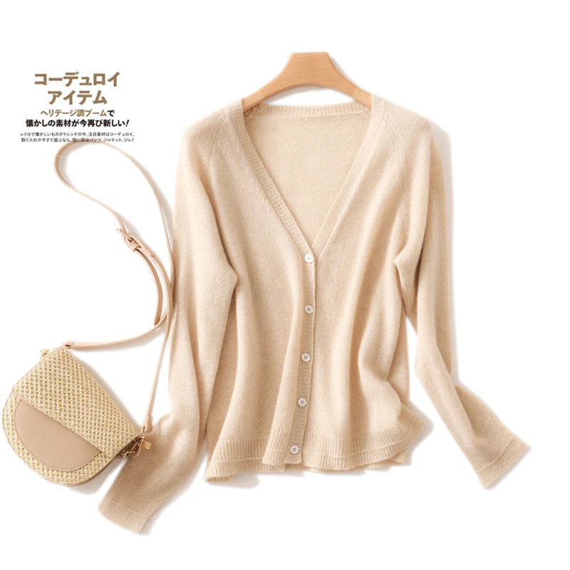 

Кардиган женский из чистого кашемира, с V-образным вырезом, на весну и лето, новинка 100%, Свободный вязаный тонкий универсальный шерстяной свитер с длинными рукавами