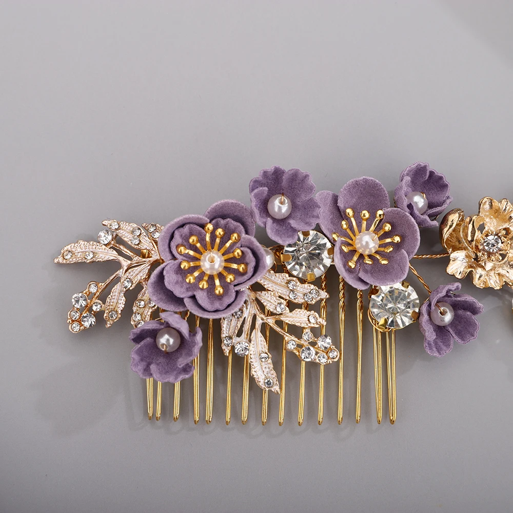 Purple Flower Headdress Set Rhinestones Hair Comb Pins Alloy Leaves Wedding Head Jewelry Bridal Hair Accessories