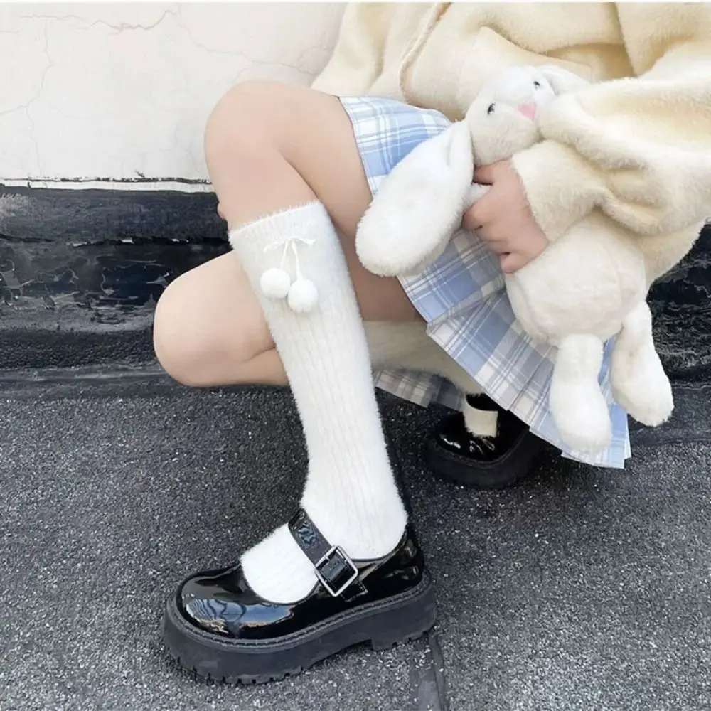 Women Lolita Plush Rabbit Ears Calf Socks Fluffy Faux Fur Plush Ball Pendant Socks Winter Trim Diamond Plaid Tube Stockings