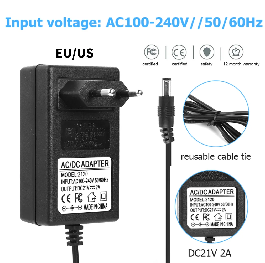 21V 2A Lithium Battery Charger 18V 18650 DC5.5mm Plug EU/US Wall