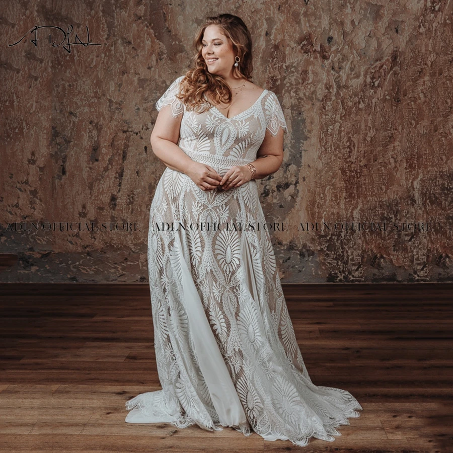 white christmas dresses Plus Size Bohemian Long Lace Wedding Dress – TANYA BRIDAL main image 0