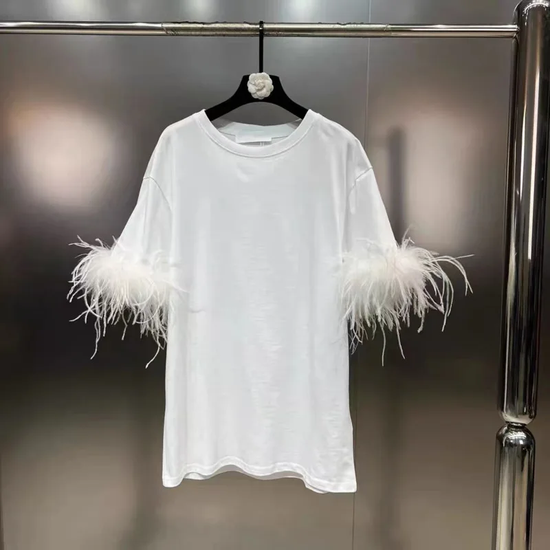 

BORVEMAYS T-shirt Women Solid Color All-match O Neck Ostrich Feather Sleeve 2024 Spring Summer New Loose Tops WZ7976