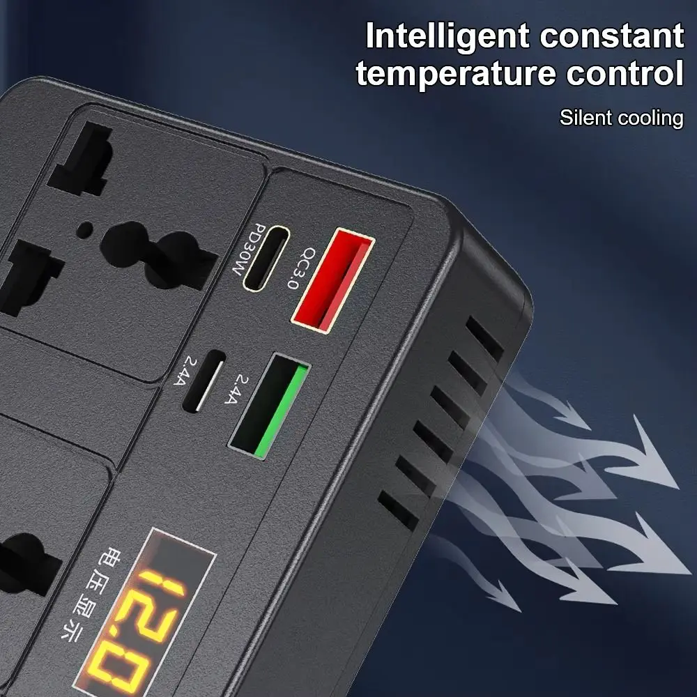 범용 자동차 인버터 DC 12V/24V에서 AC 220V로 변환 QC 3.0 USB/PD/타입 C 충전기 자동차 컨버터 다기능 디지털 디스플레이