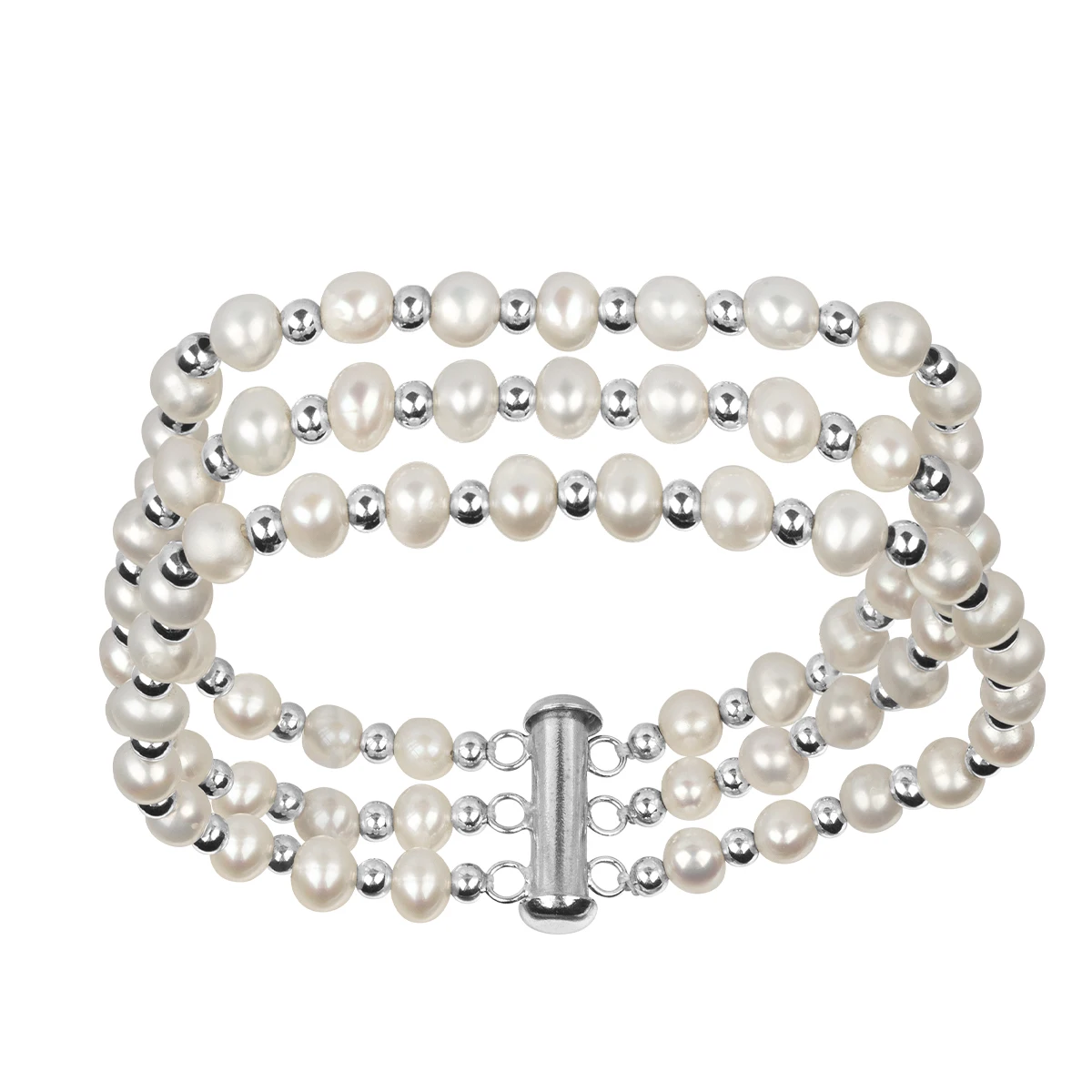 

Fashion Trilaminar Freshwater Cultured Pearl Bracelet For Women With 925 Sterling Silver Beads Graceful Simple Jewerly Gifts New