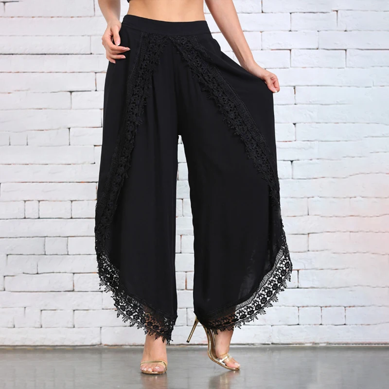Women Pants 2023 Casual Elastic Waist Pleated Vintage Lace Ladies Wide Leg Trousers Streetwear Femme Loose Pants