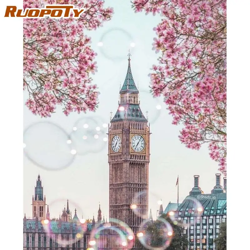 

Картина по номерам RUOPOTY, 40x50 см, рамка, часы, здание, пейзаж, картина по номерам, ручная работа, уникальный подарок для взрослых, домашний декор