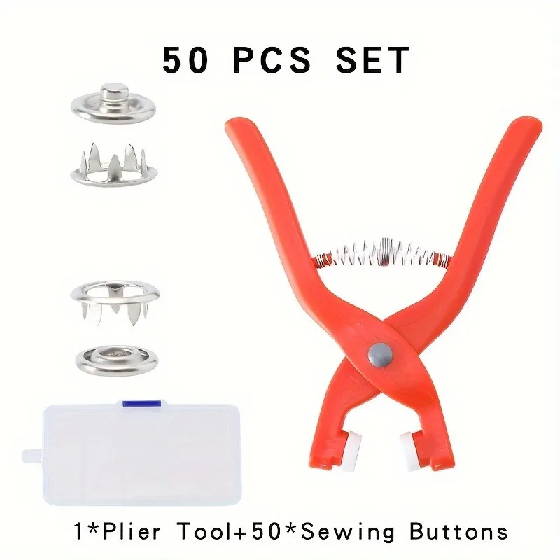 1set Snap Button Kit with Hand Pressure Pliers and 50 Snap Buttons and 1 Clear Box, Metal Snap Buttons for Sewing DIY Crafts