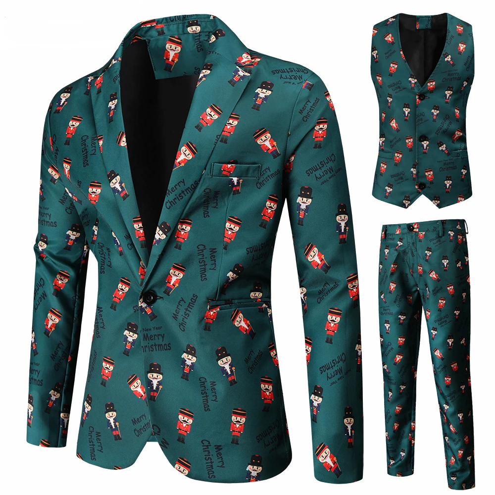 thumbnail image 1 of Trajes de Navidad para hombres, uniforme de 3 piezas, trajes diarios, copo de nieve, muñeco de nieve, árbol, chaqueta con estampado, chaqueta, pantalones, chalecos, conjunto masculino para Navidad, 1 of 5